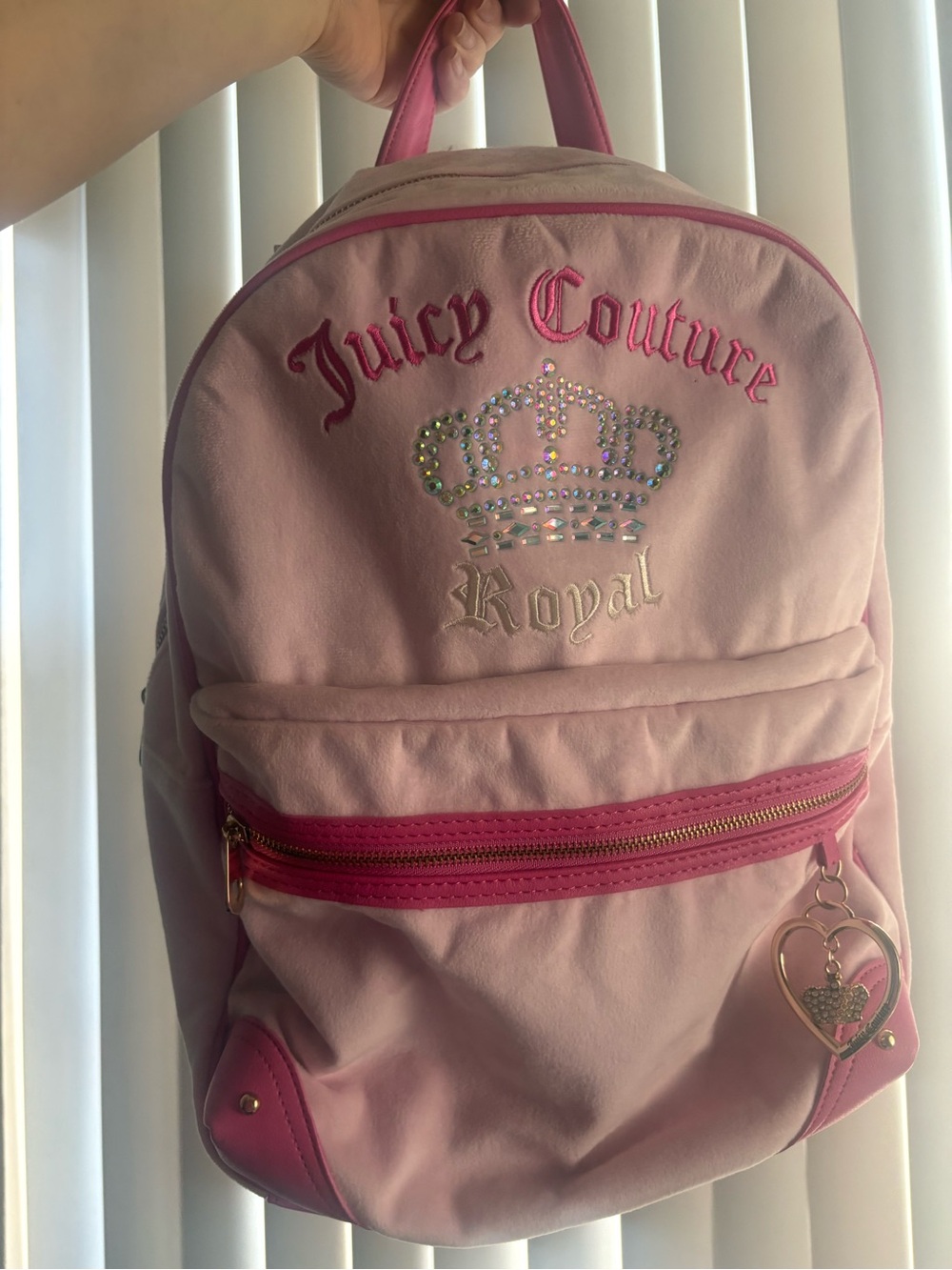 Large Juicy Couture Pink Rhinestone Crown Backpack with Heart Charm